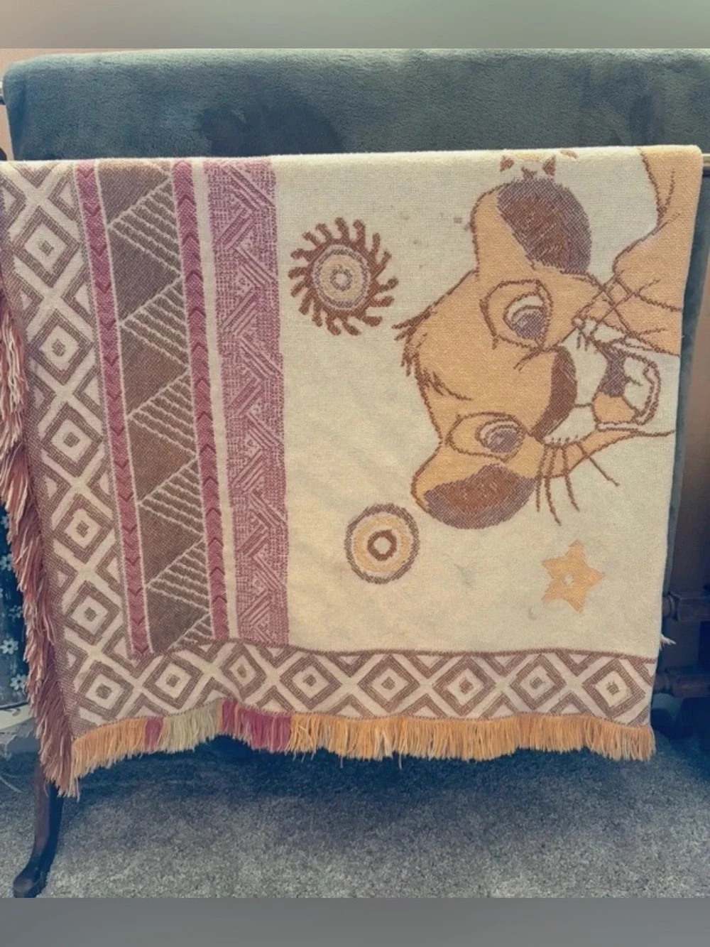 Vintage 1990s Disney The Lion King Simba Woven Tapestry Throw Blanket Fringe